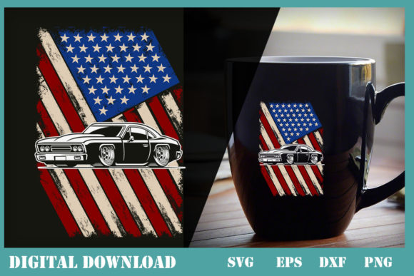 American Flag with Old Car